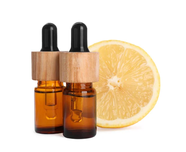 Bottles Citrus Essential Oil Fresh Lemon Isolated White — Fotografia de Stock