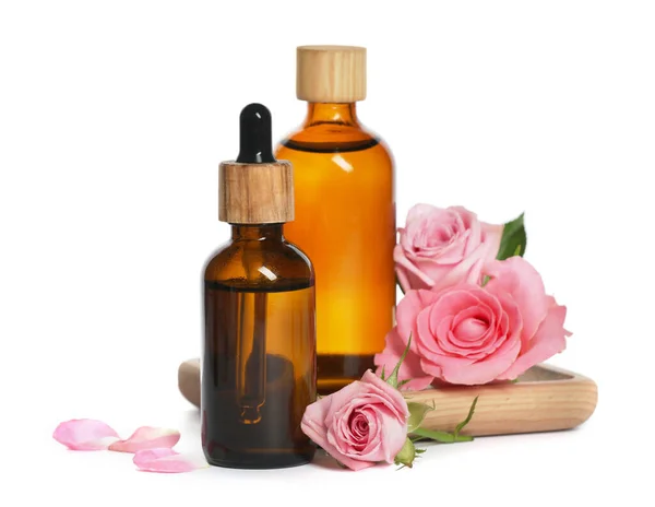 Bottles Essential Rose Oil Flowers White Background — Stock Photo, Image
