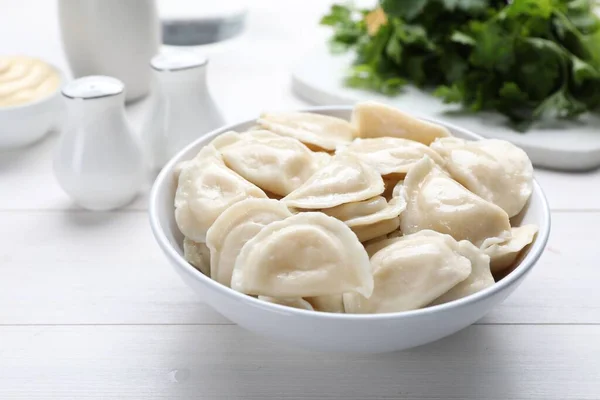 Delicious Dumplings Bowl White Wooden Table — Zdjęcie stockowe