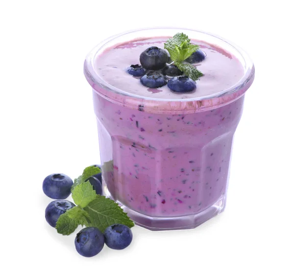 Glass Blueberry Smoothie Fresh Berries Mint White Background — Stockfoto