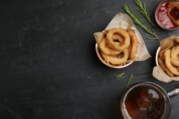 Fried Onion Rings Served Black Table Flat Lay Space Text — 图库照片