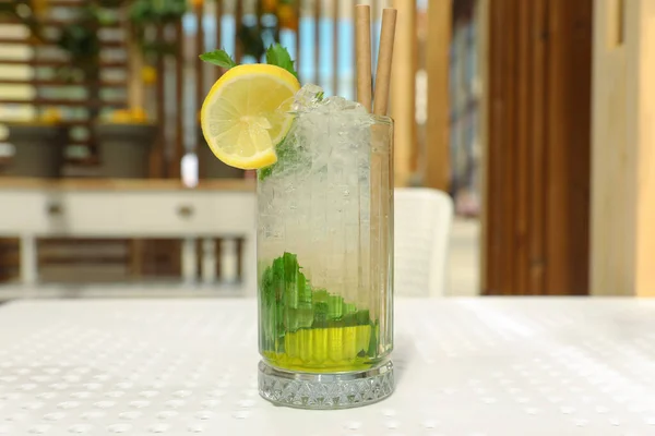 Glass Refreshing Citrus Drink White Table Indoors — Stock Fotó