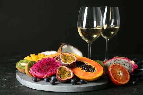 Delicious Exotic Fruits Wine Black Table — Stock Fotó