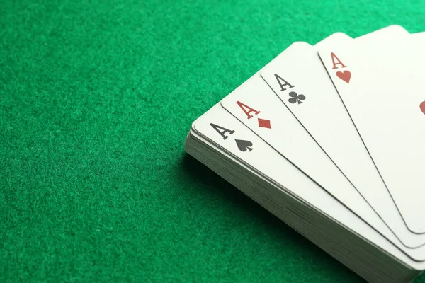 Four Aces Playing Cards Green Table Closeup Space Text — Foto de Stock
