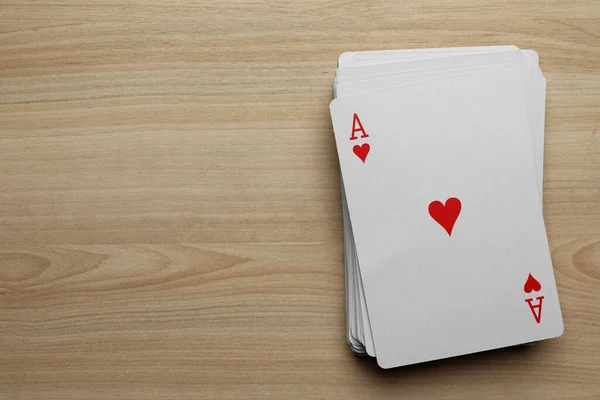 Deck Playing Cards Wooden Table Flat Lay Space Text — 스톡 사진