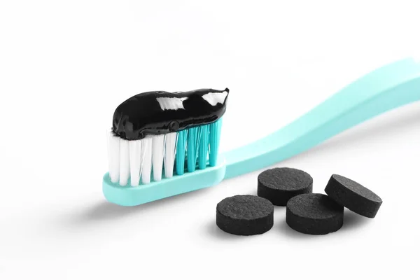 Brush Charcoal Toothpaste Pills White Background — Stockfoto