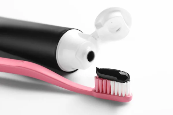 Brush Charcoal Toothpaste White Background — Stockfoto