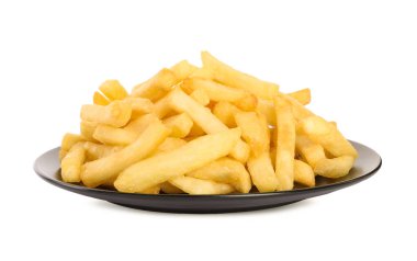 Plate with delicious french fries on white background
