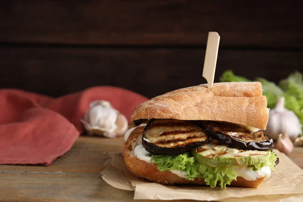 Delicious Eggplant Sandwich Served Wooden Table Space Text — 스톡 사진