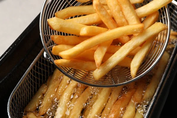 Delicious Freshly Prepared French Fries Metal Strainer Closeup — Foto Stock