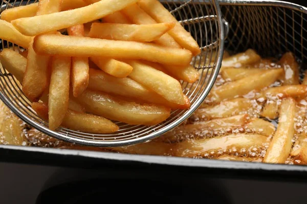 Delicious Freshly Prepared French Fries Metal Strainer Closeup — Stock Photo, Image