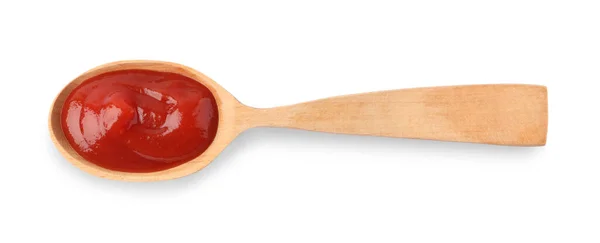 Ketchup Wooden Spoon Isolated White Top View — Stock Photo, Image