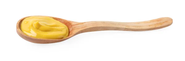Delicious Mustard Wooden Spoon Isolated White — 스톡 사진