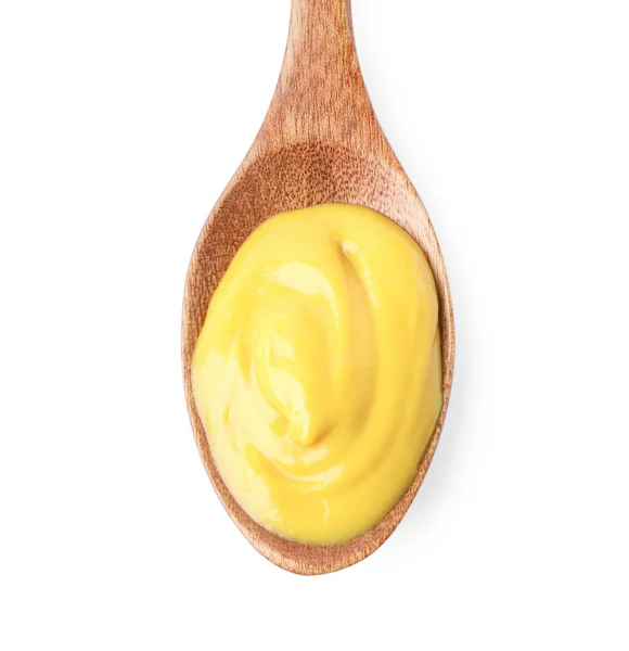 Delicious Mustard Wooden Spoon Isolated White Top View — Stock Photo, Image