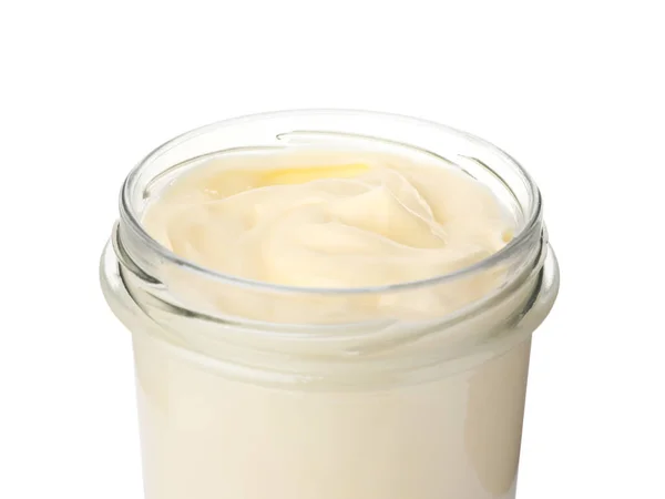 Glass Jar Delicious Mayonnaise Isolated White Closeup — 스톡 사진