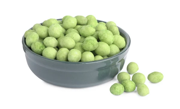 Tasty Wasabi Coated Peanuts Bowl White Background — Stock Photo, Image