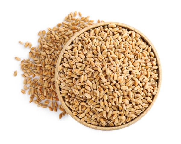 Wooden Bowl Wheat Grains White Background Top View — Foto Stock