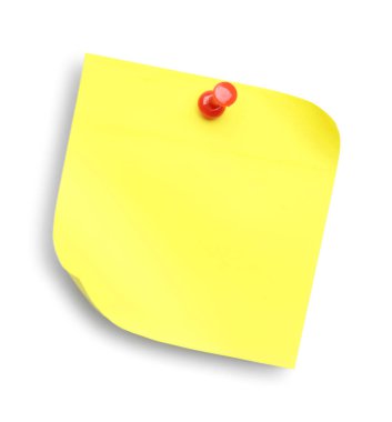Blank yellow note pinned on white background, top view
