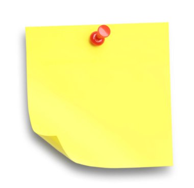 Blank yellow note pinned on white background, top view