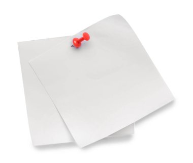 Blank notes pinned on white background, top view