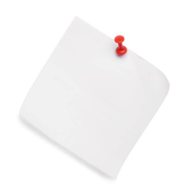 Blank note pinned on white background, top view