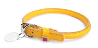Yellow leather dog collar with tag isolated on white