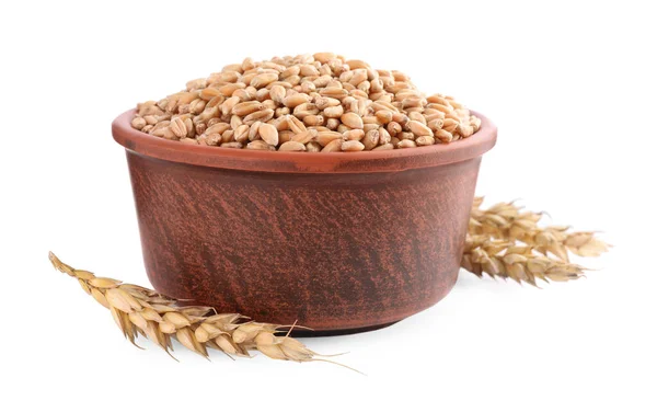 Bowl Wheat Grains Spikes White Background — Fotografia de Stock