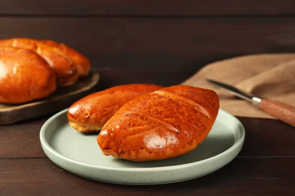 Plate Delicious Baked Pirozhki Wooden Table — Photo