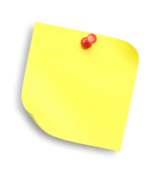 Κενό Κίτρινο Σημείωμα Καρφιτσωμένο Λευκό Φόντο Πάνω Όψη — Φωτογραφία Αρχείου