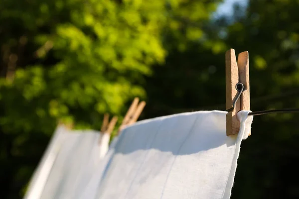 Washing Line Clean Laundry Clothespins Outdoors Closeup — Foto de Stock