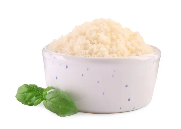 Delicious Grated Parmesan Cheese Bowl Basil White Background — Stock Fotó