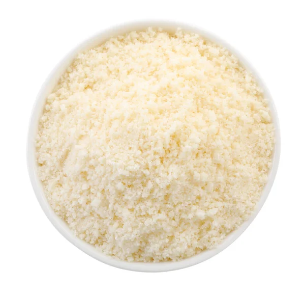 Bowl Grated Parmesan Cheese Isolated White Top View — Stock Fotó