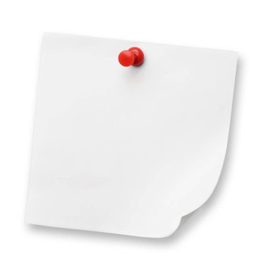 Blank note pinned on white background, top view
