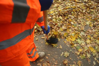 Sonbahar günü yaprakları süpüren sokak temizleyicisi.