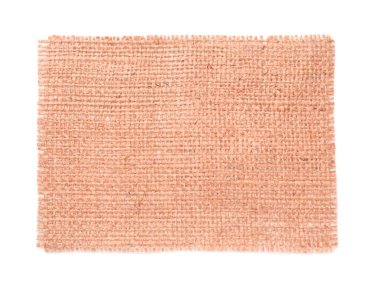 Piece of light pink burlap fabric on white background, top view