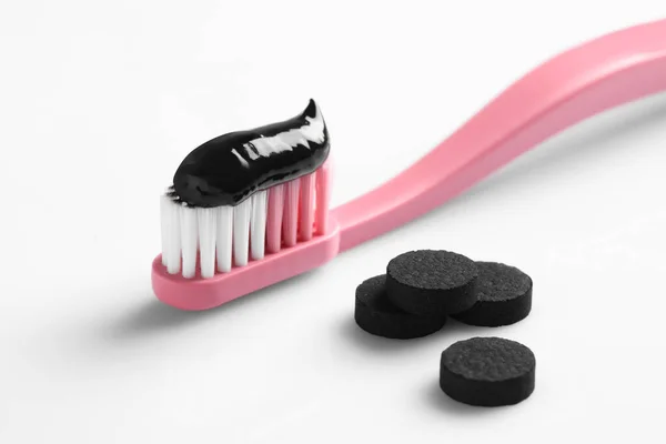 Brush Charcoal Toothpaste Pills White Background — Fotografia de Stock