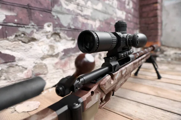 Closeup View Modern Powerful Sniper Rifle Telescopic Sight Outdoors — Stock Photo, Image