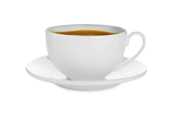 Tasse Heißen Kaffee Und Untertasse Isoliert Auf Weiß — Stockfoto
