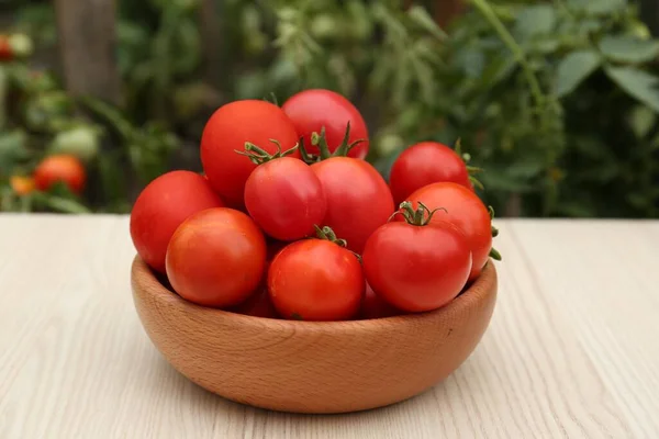 Bowl Ripe Red Tomatoes Light Wooden Table Garden — Stock Photo, Image