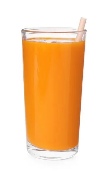 Fresh Carrot Juice Straw Glass White Background — Stok fotoğraf