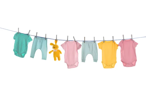 Colorful Baby Clothes Toy Drying Laundry Line White Background — ストック写真