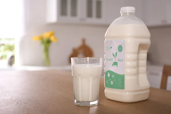 Gallon Bottle Glass Vegan Milk Wooden Table Kitchen Space Text — Fotografia de Stock