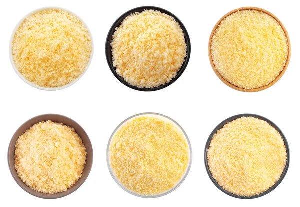 Set Delicious Parmesan Cheese White Background Top View — Stock Fotó