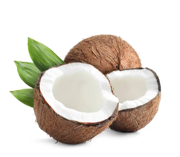 Tasty Ripe Coconuts Green Leaves White Background — Stock fotografie