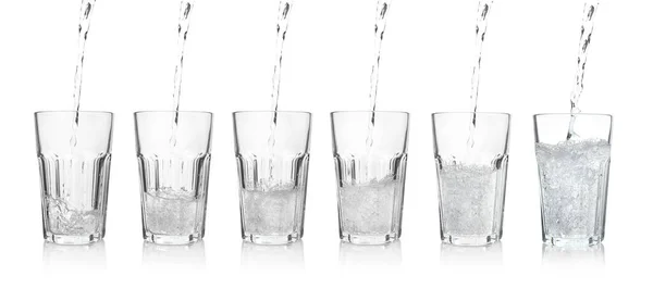 Pouring Soda Water Glasses White Background Collage Banner Design — Fotografia de Stock