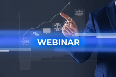 Webinar concept. Closeup view of man near virtual screen with different icons on grey background