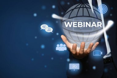 Webinar concept. Closeup view of man and different virtual icons on blue background