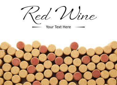Wine bottle corks on white background, top view. Space for design