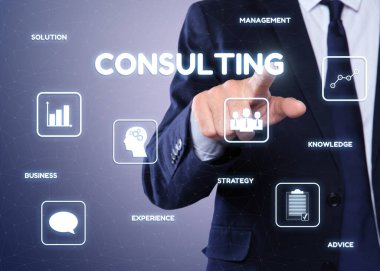 Man pointing at word CONSULTING on virtual screen, closeup