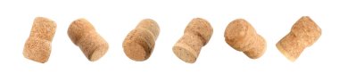 Set with corks of sparkling wine bottles on white background. Banner design